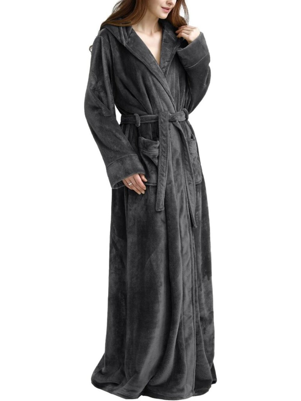 Cozy Plush Long Hooded Fleece Bathrobe for Women - Fluffy Full-Length Robe
